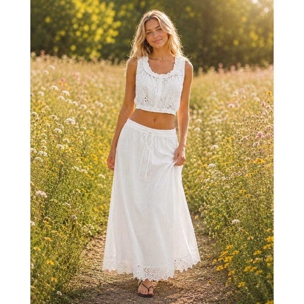 Free People Madelyn Cotton Maxi Skirt Set White Eyelet Crop Top OB2436244 XS B1 - Picture 2 of 8